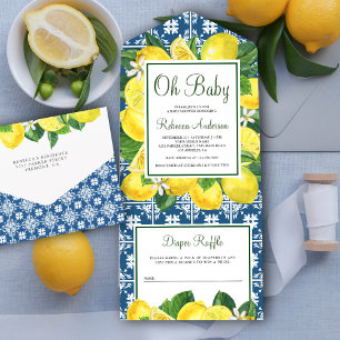 Invitation Tout En Un Baby Shower au Citron avec Carreaux Méditerranéens