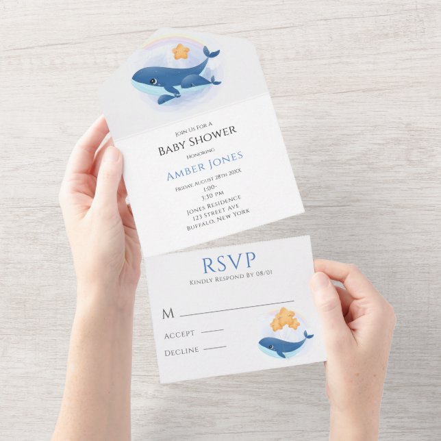 Invitation Tout En Un Baby shower Bleu Blancs Jaune Etoiles (Déchirure)