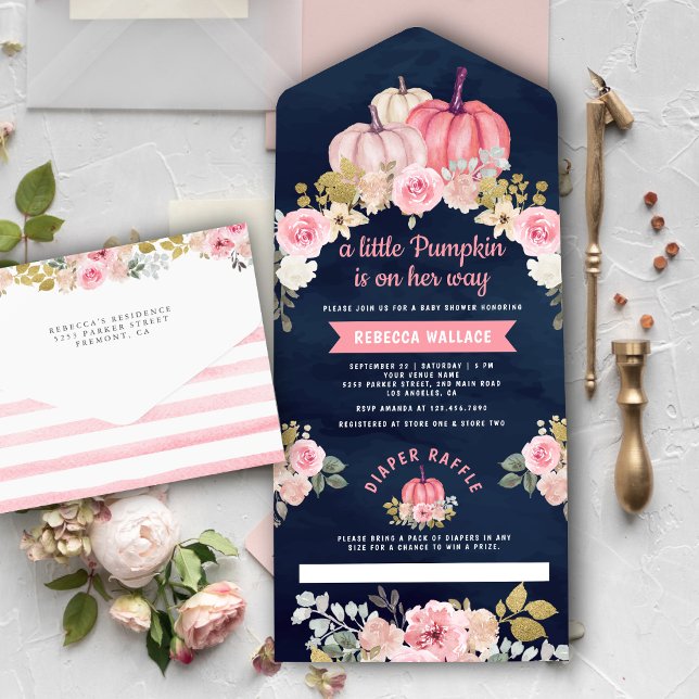 Invitation Tout En Un Baby shower bleu marine rose petit Citrouille (Créateur téléchargé)