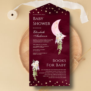 Invitation Tout En Un Baby Shower Bohème Fleurie Rose Lune Bourgogne