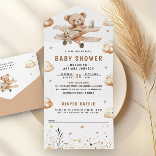 Invitation Tout En Un Baby-shower bohème neutre avion ours en peluche