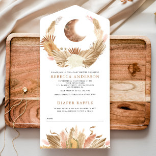 Invitation Tout En Un Baby Shower Bohème Rustique Lune Herbe des Pampas