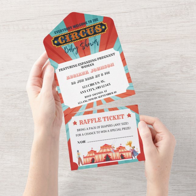Invitation Tout En Un Baby shower Cirque Rouge Et Bleu (Déchirure)