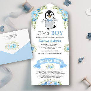 Invitation Tout En Un Baby shower d'aquarelle bleu Floral