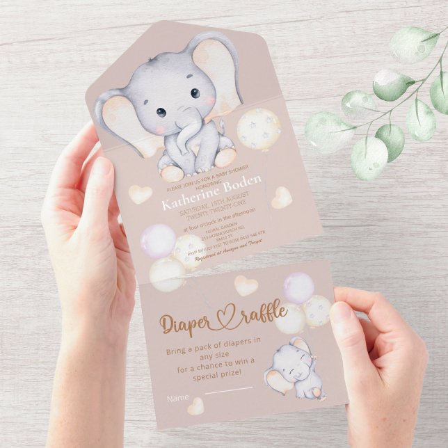 Invitation Tout En Un Baby shower d'aquarelle de bébé éléphant (Créateur téléchargé)