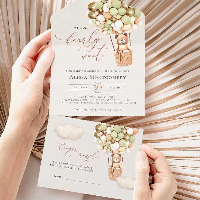 Invitation Tout En Un Baby shower de ballons d'ours d'or vert (Créateur téléchargé)