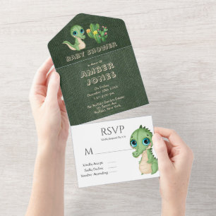 Invitation Tout En Un Baby shower de cactus en cuir vert de l'alligator