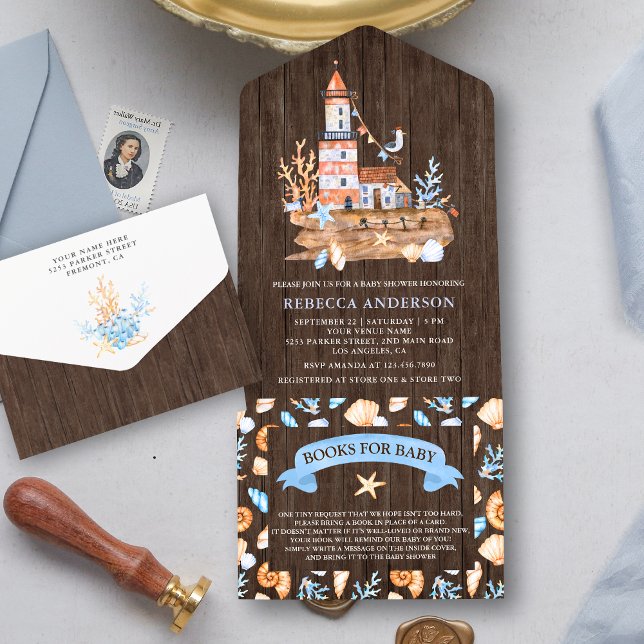 Invitation Tout En Un Baby shower de phare nautique en bois rustique (Créateur téléchargé)