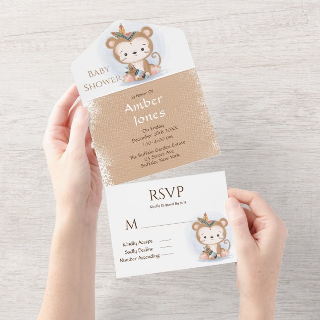 Invitation Tout En Un Baby shower de Singe Boho mignon (Déchirure)