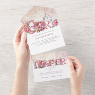 Invitation Tout En Un Baby shower & Déchets Raffle C'est une fille
