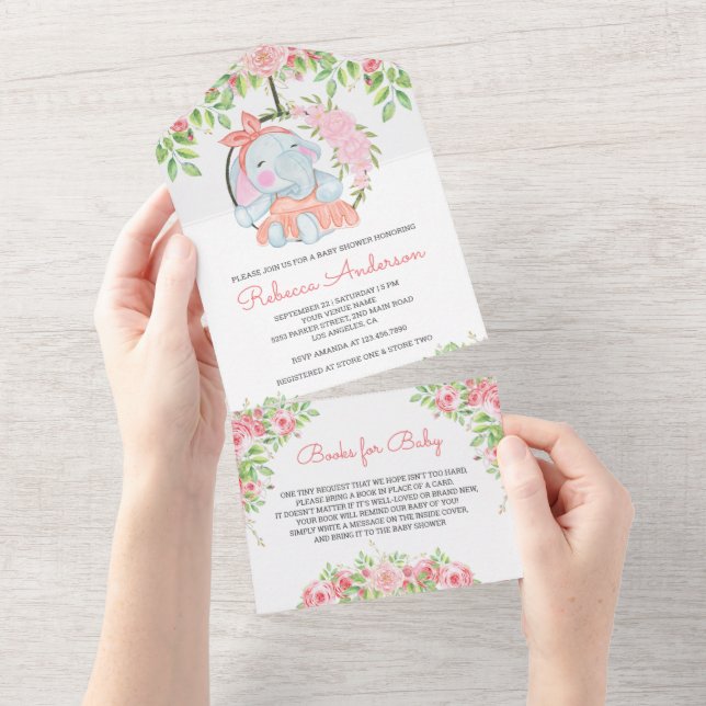 Invitation Tout En Un Baby shower d'éléphant rose pâle rose (Déchirure)