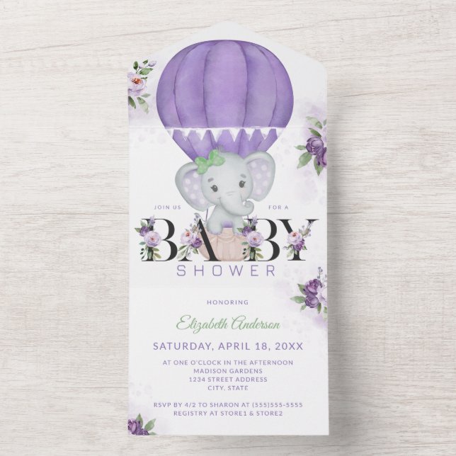 Invitation Tout En Un Baby shower d'éléphant violet à air chaud (À l'intérieur)