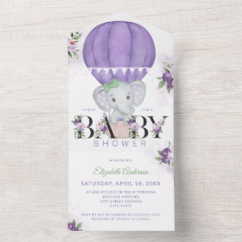 Invitation Tout En Un Baby shower d'éléphant violet à air chaud
