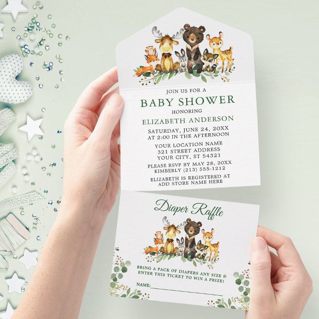 Invitation Tout En Un Baby shower des animaux de bois et chapelure (All In One Baby Shower Invitation with Diaper Raffle tear off card.)