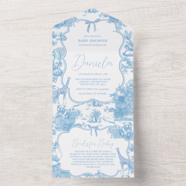 Invitation Tout En Un Baby shower d'ours bleu bleu français (À l'intérieur)