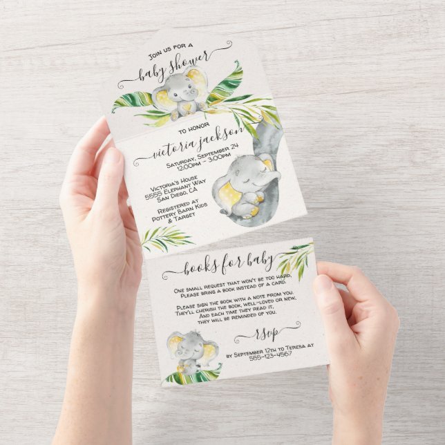 Invitation Tout En Un Baby shower éléphant de la jungle de bébé (Déchirure)