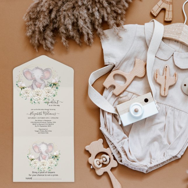 Invitation Tout En Un Baby-Shower éléphant floral aquarelle mignon (Créateur téléchargé)