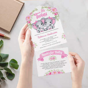 Invitation Tout En Un Baby Shower Éléphant Floral Rose Filles Jumelles