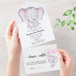 Invitation Tout En Un Baby shower Eléphant Rose Tout en un