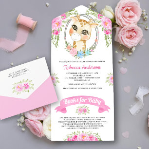Invitation Tout En Un Baby shower en girafe rose fleuri