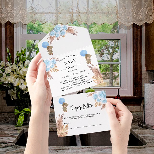 Invitation Tout En Un Baby shower en peluche pampas garçon baudrier fleu (Créateur téléchargé)
