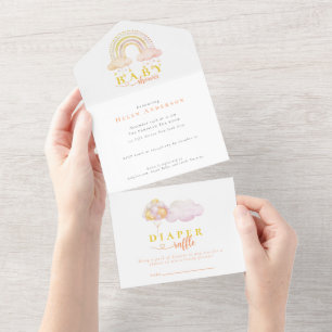 Invitation Tout En Un Baby Shower Fille Arc-en-Ciel Rose Aquarelle Bohèm