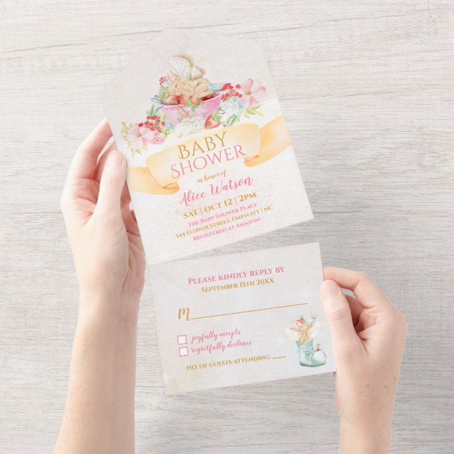 Invitation Tout En Un Baby shower Fille Delicate Fée Bébé (Déchirure)