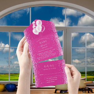Invitation Tout En Un Baby shower fille hot rose blanc ballons RSVP