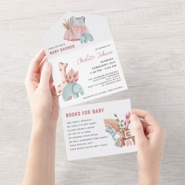 Invitation Tout En Un Baby shower fille Pampas Boho (Déchirure)