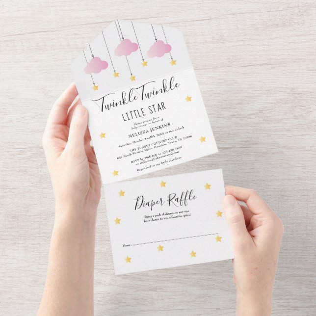Invitation Tout En Un Baby shower fille rose Twinkle Twinkle (Déchirure)