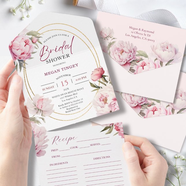 Invitation Tout En Un Baby Shower Fleur de Pivoine Rose Recipe (Créateur téléchargé)
