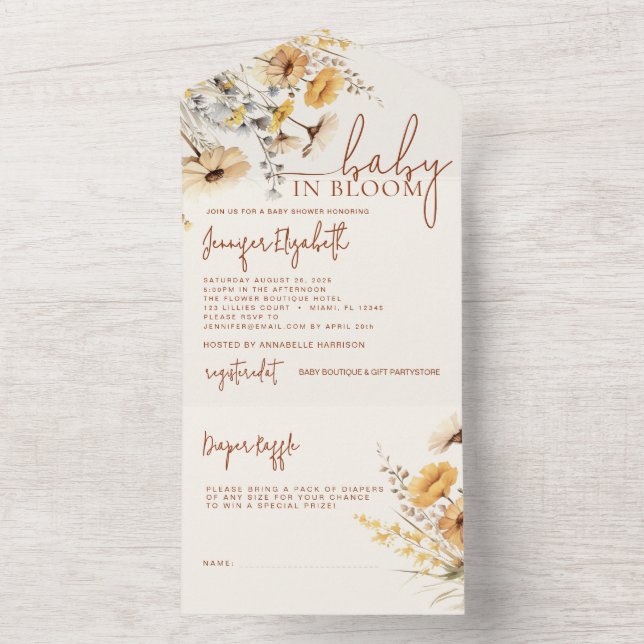 Invitation Tout En Un Baby shower fleur sauvage (À l'intérieur)