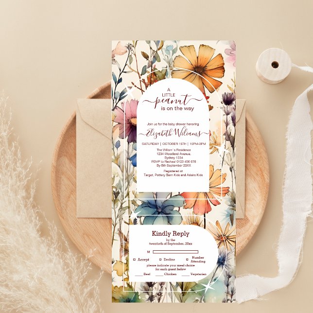 Invitation Tout En Un Baby shower Fleur sauvage Boho Botanical Watercolo (Créateur téléchargé)