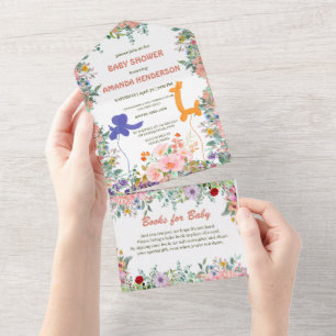Invitation Tout En Un Baby shower floral à bulle de girafe d'éléphant mi
