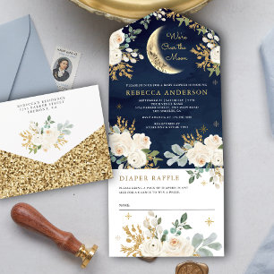 Invitation Tout En Un Baby shower Floral Boho Moon bleu de la Marine