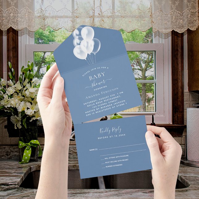 Invitation Tout En Un Baby shower garçon bleu poussiéreux ballons blancs (Créateur téléchargé)