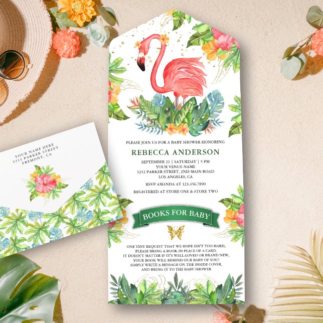 Invitation Tout En Un Baby Shower Jungle Tropical Rustique Flamant Rose  (Créateur téléchargé)
