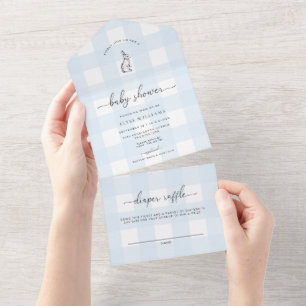 Invitation Tout En Un Baby shower lapin En vichy bleu