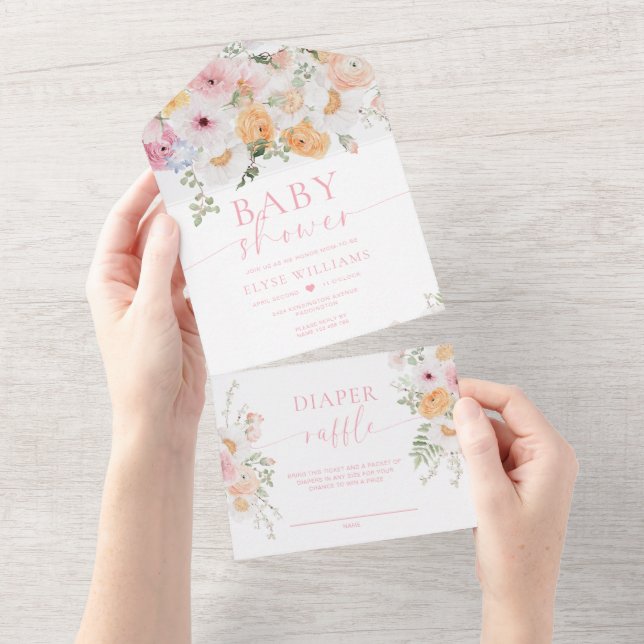 Invitation Tout En Un Baby shower Millie Floral (Déchirure)