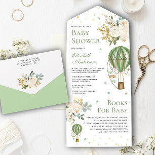 Invitation Tout En Un Baby Shower Montgolfière Vert Ancien