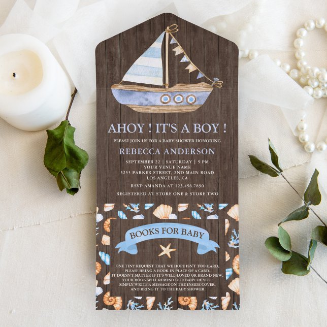 Invitation Tout En Un Baby shower nautique Rustique Bois (Créateur téléchargé)