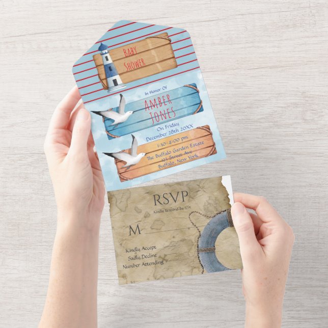 Invitation Tout En Un Baby shower Nautique Thème Garçon (Déchirure)