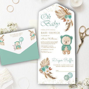 Invitation Tout En Un Baby Shower Ours en peluche floral vert Pampas Boh