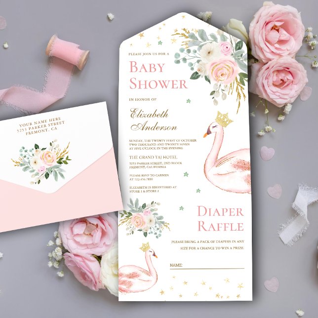 Invitation Tout En Un Baby shower princesse de cygne rose rose pâle (Créateur téléchargé)