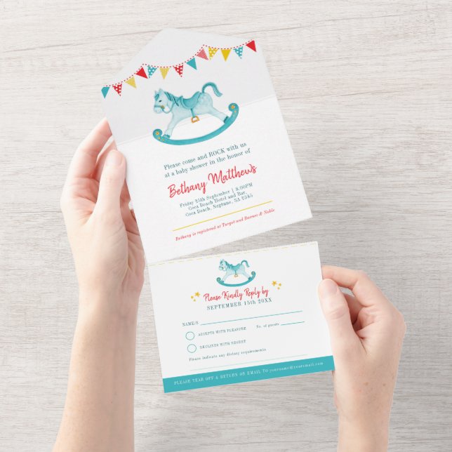 Invitation Tout En Un Baby shower rocking hobby cheval aqua aquarelle (Déchirure)