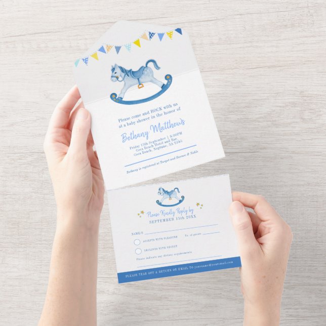 Invitation Tout En Un Baby shower rocking hobby cheval bleu aquarelle al (Déchirure)