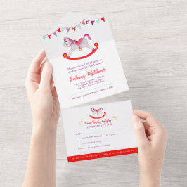 Invitation Tout En Un Baby shower rocking hobby cheval mignonne aquarell