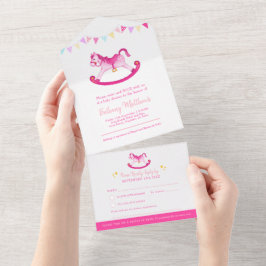 Invitation Tout En Un Baby shower rocking hobby cheval rose aquarelle al