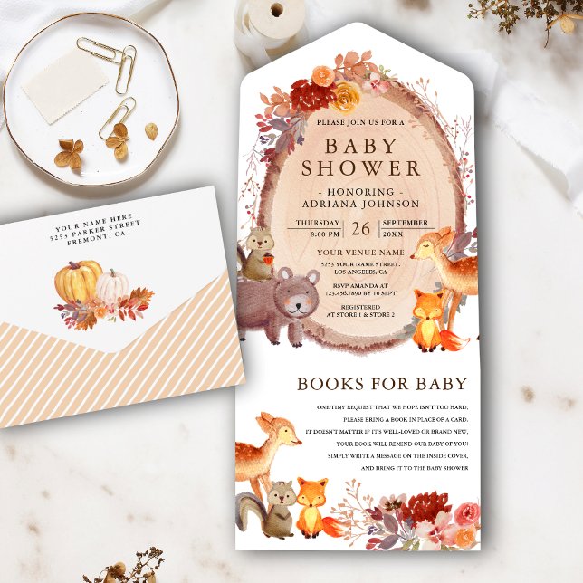 Invitation Tout En Un Baby shower Rustic Fall Woodland Forest Animaux (Créateur téléchargé)