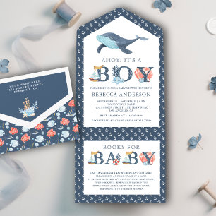 Invitation Tout En Un Baby Shower Rustique Baleine Sous l'Océan